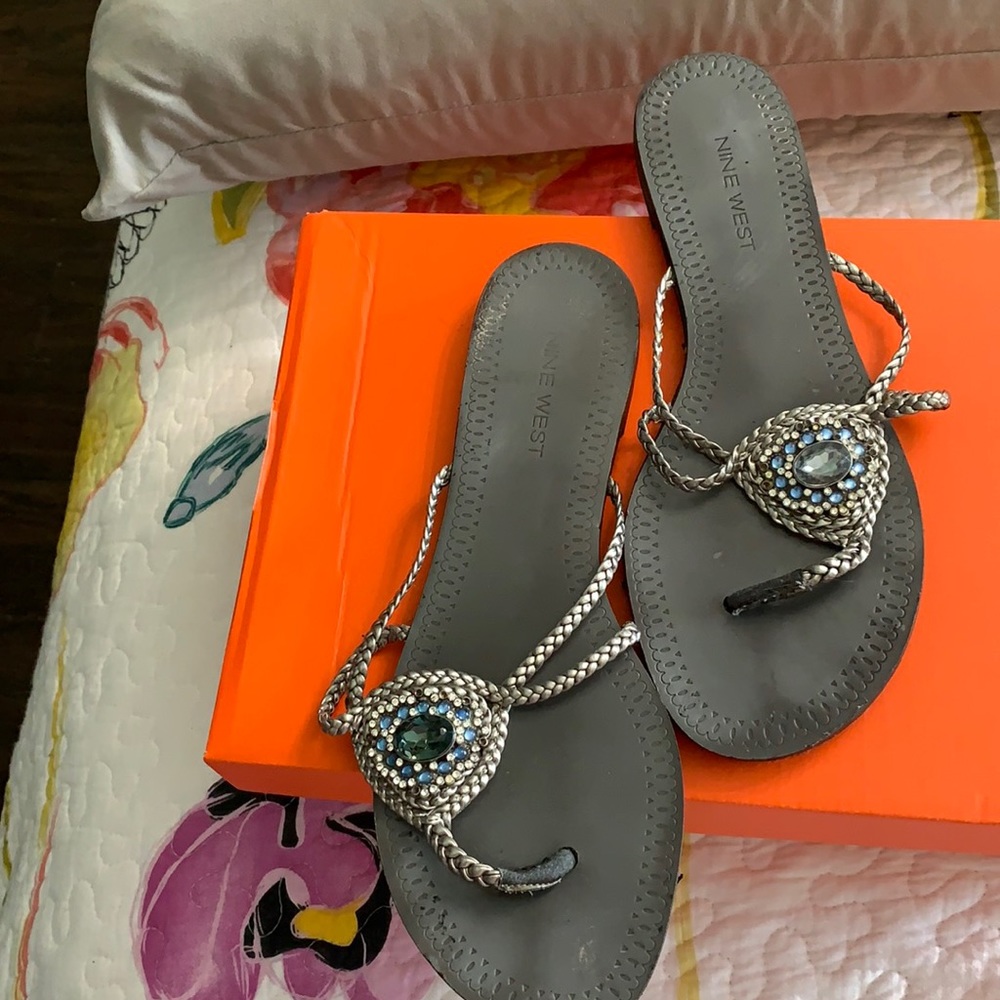 Nine West Sandals, Silver with Rhinstones
